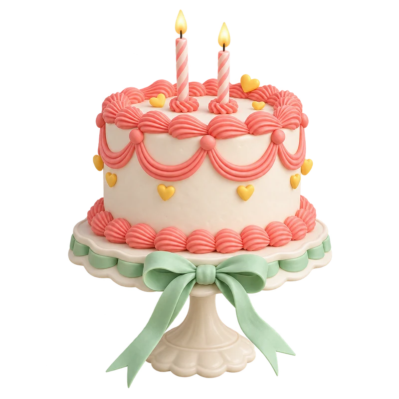 A little pink birthday cake with candles and a mint ribbon